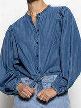 Load image into Gallery viewer, Tie Front Volume Blouse In Chalk White or Denim Blue