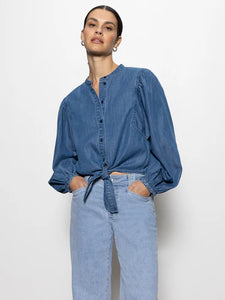 Tie Front Volume Blouse In Chalk White or Denim Blue