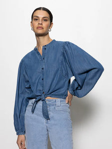 Tie Front Volume Blouse In Chalk White or Denim Blue