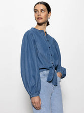 Load image into Gallery viewer, Tie Front Volume Blouse In Chalk White or Denim Blue