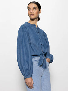 Tie Front Volume Blouse In Chalk White or Denim Blue