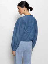 Load image into Gallery viewer, Tie Front Volume Blouse In Chalk White or Denim Blue