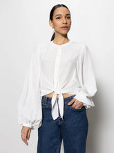 Load image into Gallery viewer, Tie Front Volume Blouse In Chalk White or Denim Blue