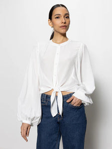 Tie Front Volume Blouse In Chalk White or Denim Blue