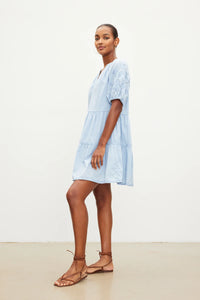Chambray Embroidered Tiered Dress