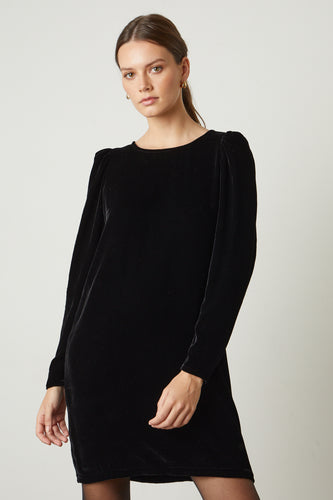 Black Silk Velvety Dress with Puff Shoulders