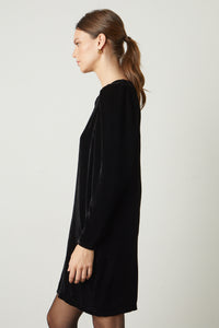 Black Silk Velvety Dress with Puff Shoulders