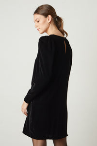 Black Silk Velvety Dress with Puff Shoulders